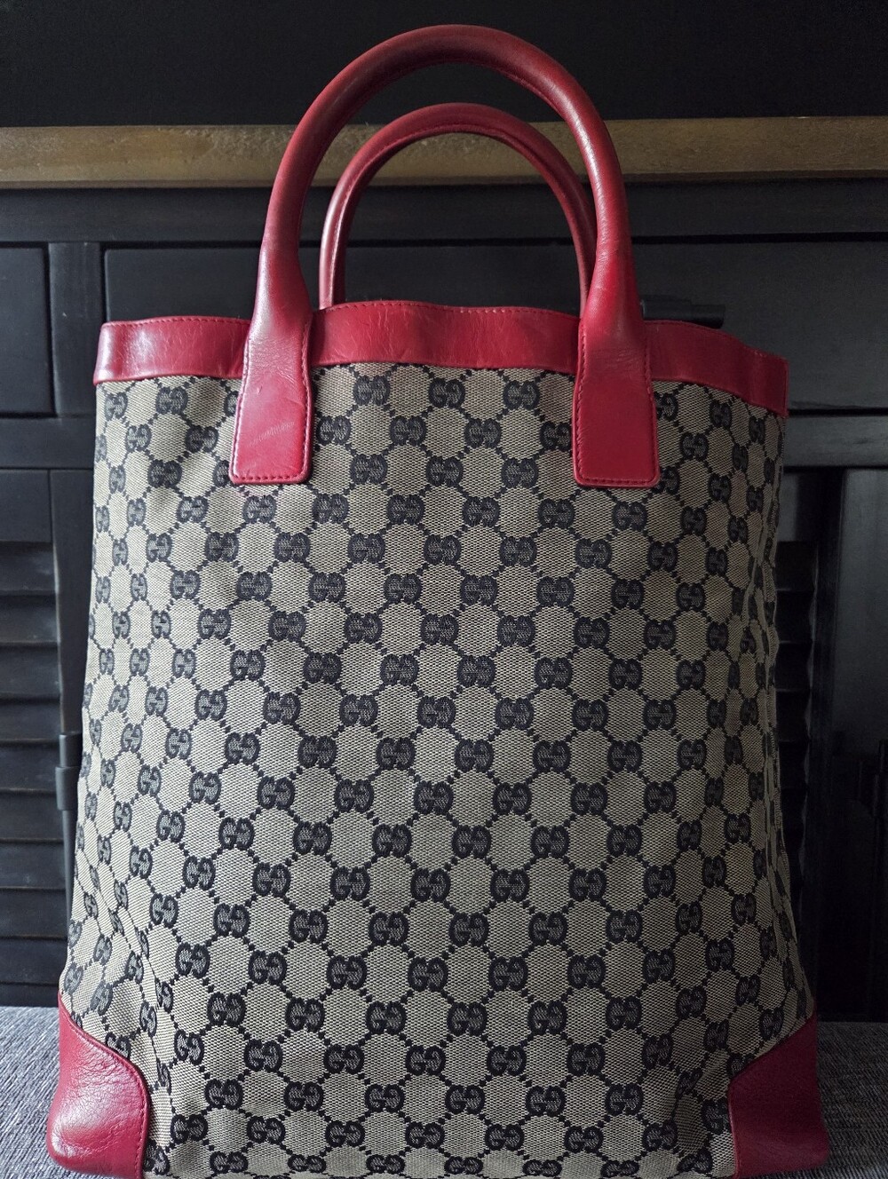 Gucci Tote Shoulder Bag GG Canvas Leather Beige Red